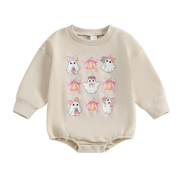 Elippeo Baby Girls Halloween Casual Romper 3 6 12 18 Months Long Sleeve O Neck Bow Ghost Pumpkin Print Romper