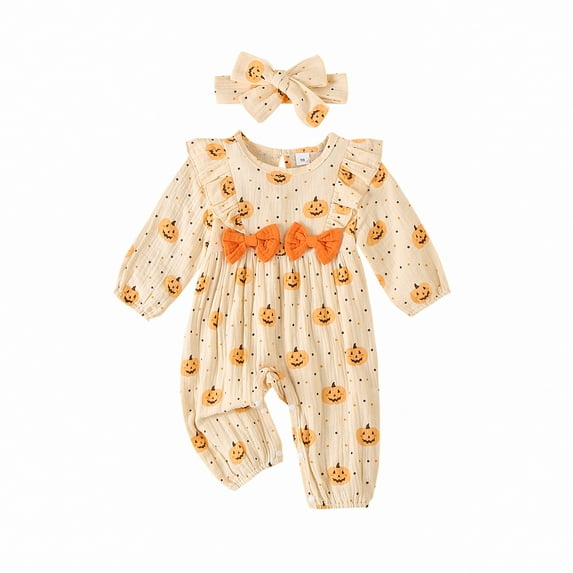 Elippeo Baby Girls Halloween Clothes 3 6 9 12 Months Long Sleeve Pumpkin Print Ruffle Jumpsuit with Headband