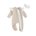 thumbnail image 1 of Elippeo Baby Girls Outfit, Long Sleeve Crew Neck Frills Zipped Contrast Color Footies Jumpsuit and Headband Fall Clothes 3 6 12 Months, 1 of 9