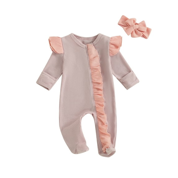 Elippeo Baby Girls Outfit, Long Sleeve Crew Neck Frills Zipped Contrast Color Footies Jumpsuit and Headband Fall Clothes 3 6 12 Months