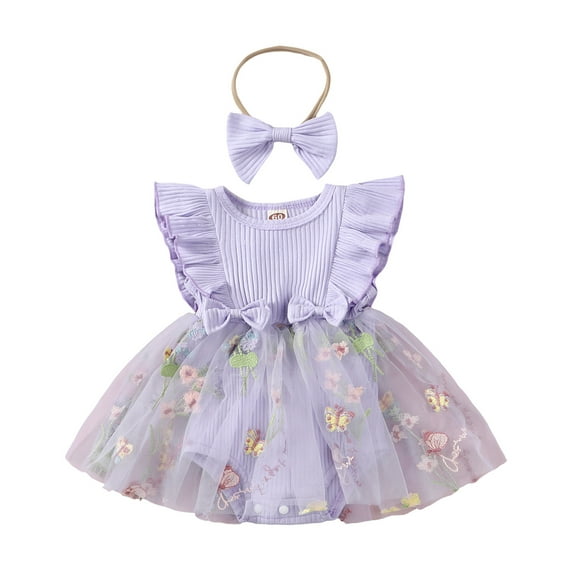 Elippeo Baby Girls Rompers Dress 3 6 12 18 24 Months Fly Sleeve Flower Embroidery Tulle Skirt Hem Infant Bodysuits Summer Clothes with Headband