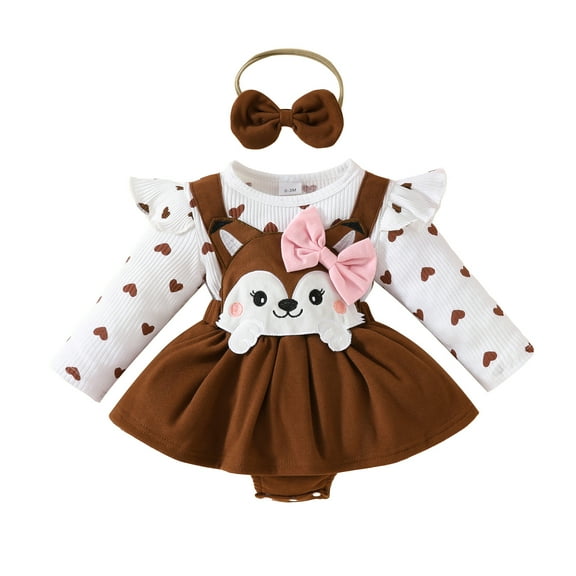 Elippeo Baby Girls Rompers Dress 3 6 9 12 18 Months Heart Print Fox Embroidered Long Sleeve Skirt Hem Jumpsuits Fall Clothes Bodysuits with Headband