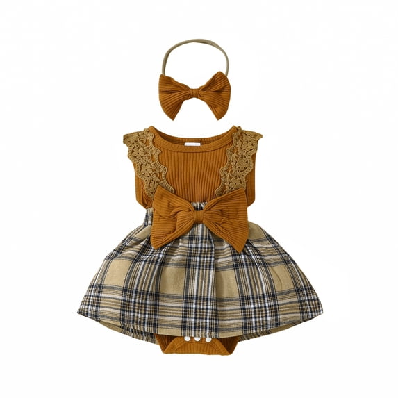 Elippeo Baby Girls Rompers Dress 3 6 9 12 18 Months Lace Fly Sleeve Bowknot Plaid Skirt Hem Infant Bodysuits Summer Clothes with Headband