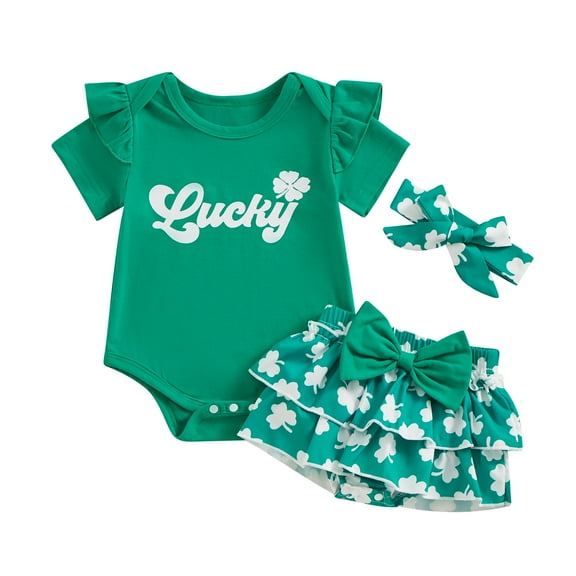 Elippeo Baby Girls Shorts Set 6M 12M 18M 24M  St Patricks Day Short Sleeve Letters Print Romper with Shamrock Skort and Hairband Summer Outfit