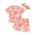 thumbnail image 1 of Elippeo Baby Girls Summer Outfits 6 12 18 24 Months 3 Years Floral Print Short Sleeve T-Shirt and Shorts Cute Headband Set 3 Piece Clothes, 1 of 9