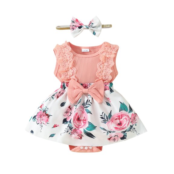 Elippeo Baby Girls Summer Romper Dress 3 6 9 12 18 Months Infant Sleeveless Floral Print Patchwork Romper with Headband