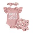 thumbnail image 1 of Elippeo Baby Girls Summer Shorts Sets 3 6 12 18 Months Flying Sleeve Letter Print Romper Floral Shorts Headband Sets, 1 of 10