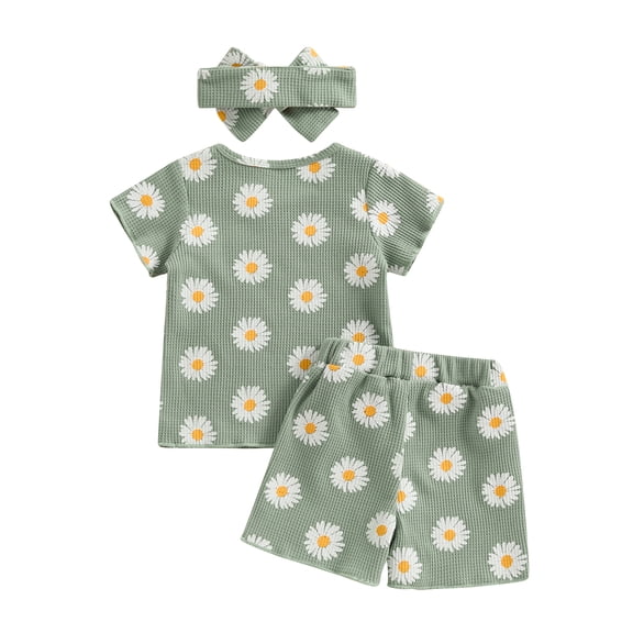 Elippeo Baby Girls Summer Waffle Outfits 3 6 12 18 24 Months 3 Years Floral Print Short Sleeve T-Shirt and Shorts Headband Set 3 Piece Clothes