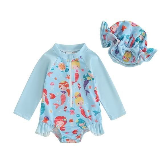 Elippeo Baby Girls Swimsuit 3 6 12 18 Months 3 Years Strawberry Flower Mermaid Bikini with Hat Newborn Swimwear for Summer Bathing