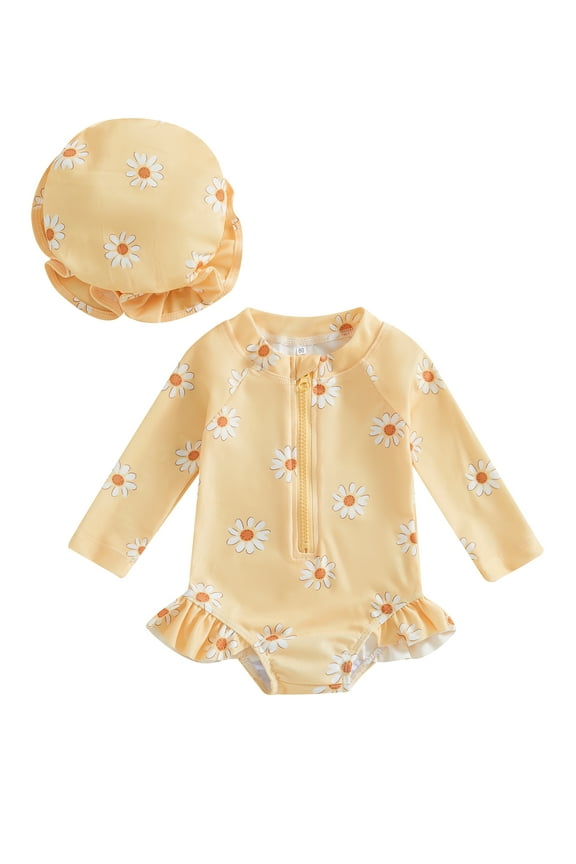 Baby Girls Swimsuit, Long Sleeve Flower Print Zipped Bikini with Hat Newborn Swimwear for Summer Bathing 6 9 12 18 24 Months 3 Years