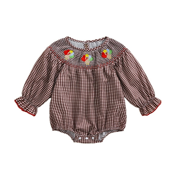 Elippeo Baby Girls Thanksgiving Romper Turkey Embroidery Plaid Print Long Sleeve Jumpsuits for Newborn Infant Fashion Clothes 3 6 12 18 24 Months 3 Years
