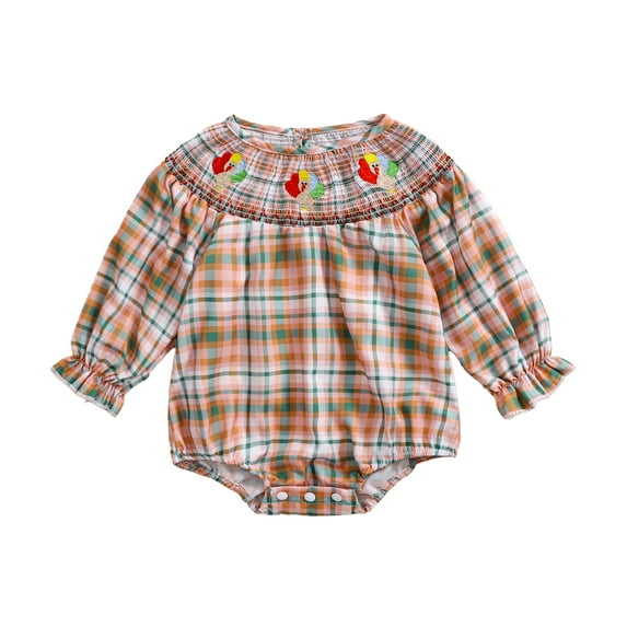 Elippeo Baby Girls Thanksgiving Romper Turkey Embroidery Plaid Print Long Sleeve Jumpsuits for Newborn Infant Fashion Clothes 3 6 12 18 24 Months 3 Years