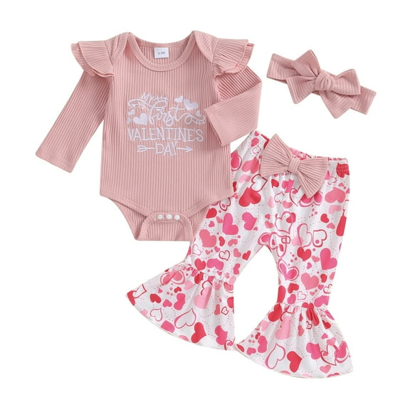 Elippeo Baby Girls Valentine’s Day Outfits 3M 6M 12M 18M Embroidery Romper + Flare Pants + Headband Set Infant Clothes