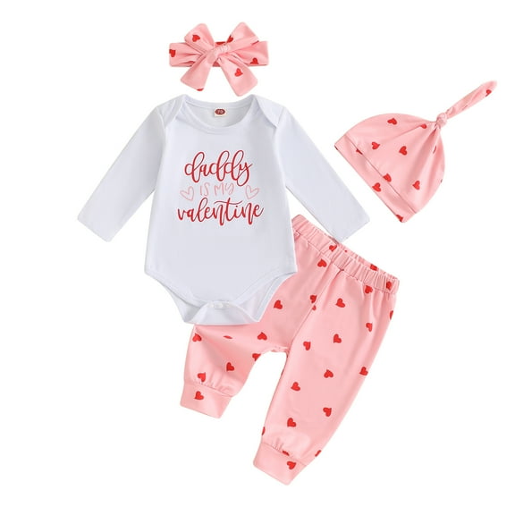 Elippeo Baby Girls Valentine's Day Outfits Love Heart Print Long Sleeve Rompers with Pants Hat Bow Headband 4 Pcs Set 3 6 12 Months