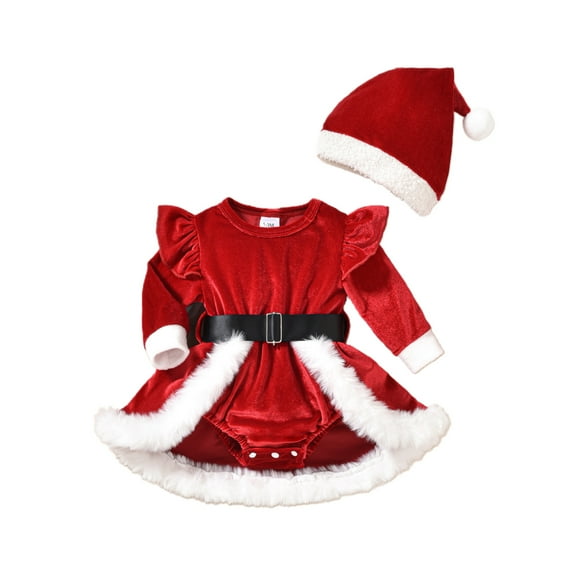 Elippeo 2-Piece Baby Girls Christmas Set Terry Trim Letter Long Sleeve Ruffled Romper Dress Hat Velvet Outfits 3 6 12 18 24 Months