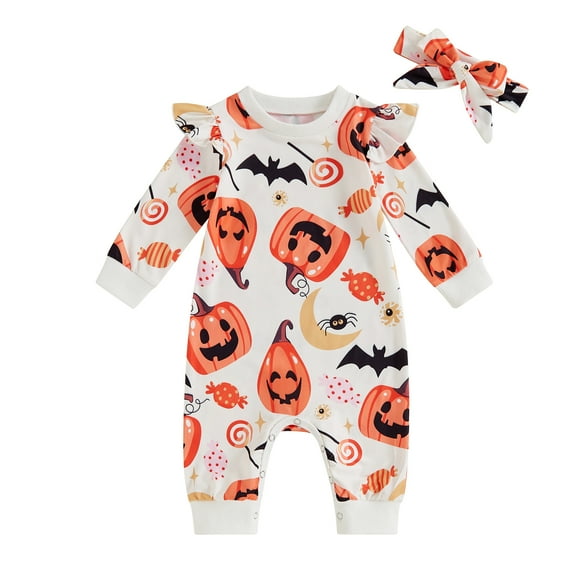 Elippeo Baby Halloween Romper Pumpkin Bat Print Round Neck Long Sleeve Full Length Jumpsuit with Headband 3 6 12 18 Months
