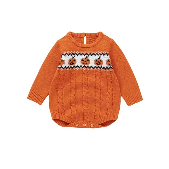 Elippeo Baby Halloween Sweaters Romper 1 3 6 9 12 18 Months Pumpkin Cable Knit Long Sleeve Round Neck Ribbed Pullover Jumpsuits