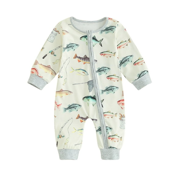 Elippeo Baby Jumpsuit, Long Sleeve Crew Neck Fish Print Zipper Closure Fall Romper Clothes for Boys Girls 6 12 18 24 Months