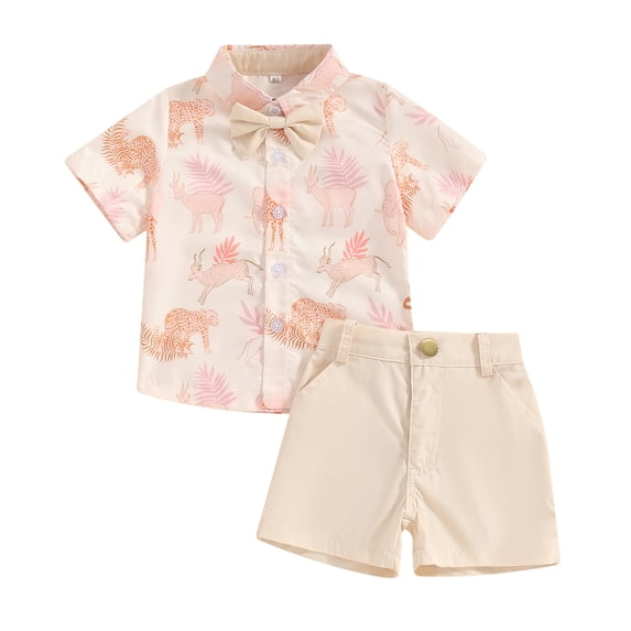 Elippeo Baby Kids Boys Shorts Set 6 12 18 24 Months 3 4 Years Short Sleeve Leaves Deer Tiger Print Shirt with Shorts Summer Outfit
