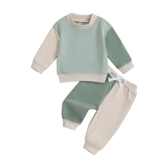 Elippeo Baby Pants Set 6 12 18 24 Months 3 Years Contrast Color Long Sleeve Crew Neck Sweatshirt with Sweatpants 2-piece Outfit for Girls Boys