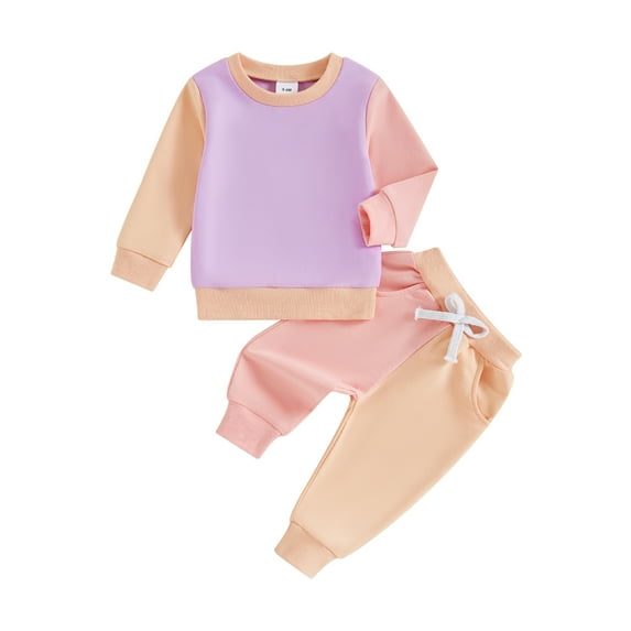 Elippeo Baby Pants Set 6 12 18 24 Months 3 Years Contrast Color Long Sleeve Crew Neck Sweatshirt with Sweatpants 2-piece Outfit for Girls Boys