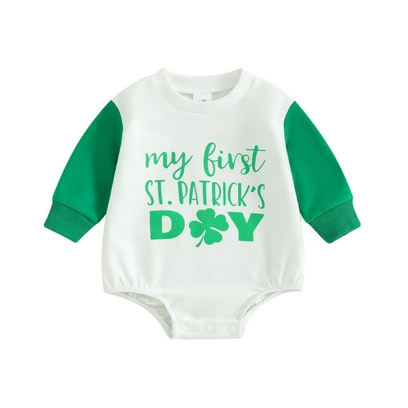 Elippeo Baby Romper 3M 6M 12M 18M  St Patricks Day Long Sleeve Crew Neck Shamrock Letters Print Fall Bodysuit Clothes for Girls Boys