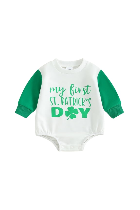 Baby Romper 3M 6M 12M 18M St Patricks Day Long Sleeve Crew Neck Shamrock Letters Print Fall Bodysuit Clothes for Girls Boys
