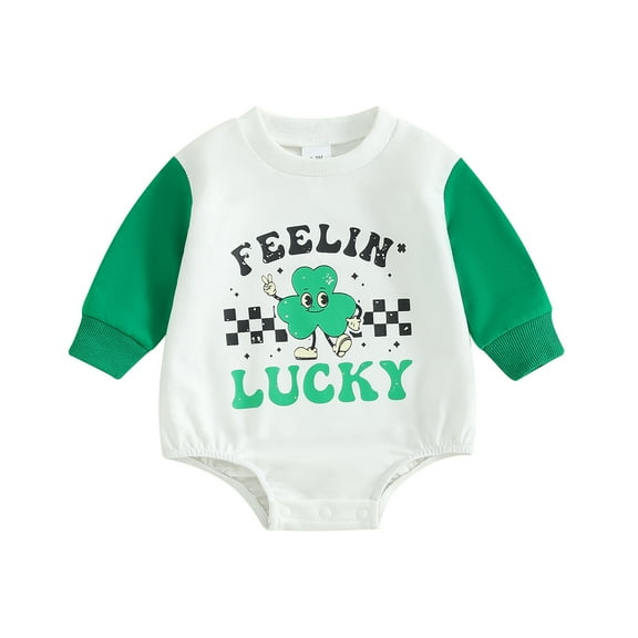 Elippeo Baby Romper 3M 6M 12M 18M  St Patricks Day Long Sleeve Crew Neck Shamrock Letters Print Fall Bodysuit Clothes for Girls Boys