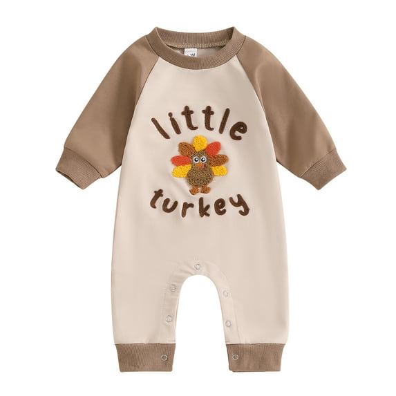 Elippeo Baby Thanksgiving Romper Turkey Embroidery Long Sleeves Round Neck Full Length Jumpsuit 3 6 12 18 Months
