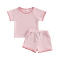 thumbnail image 1 of Elippeo Baby Tollder Girl Summer Set 6M 12M 18M 24M 3Y Round Neck Short Sleeve Contrast Trim Tops + Elastic Waist Shorts with Pocket 2 Piece Outfits, 1 of 10