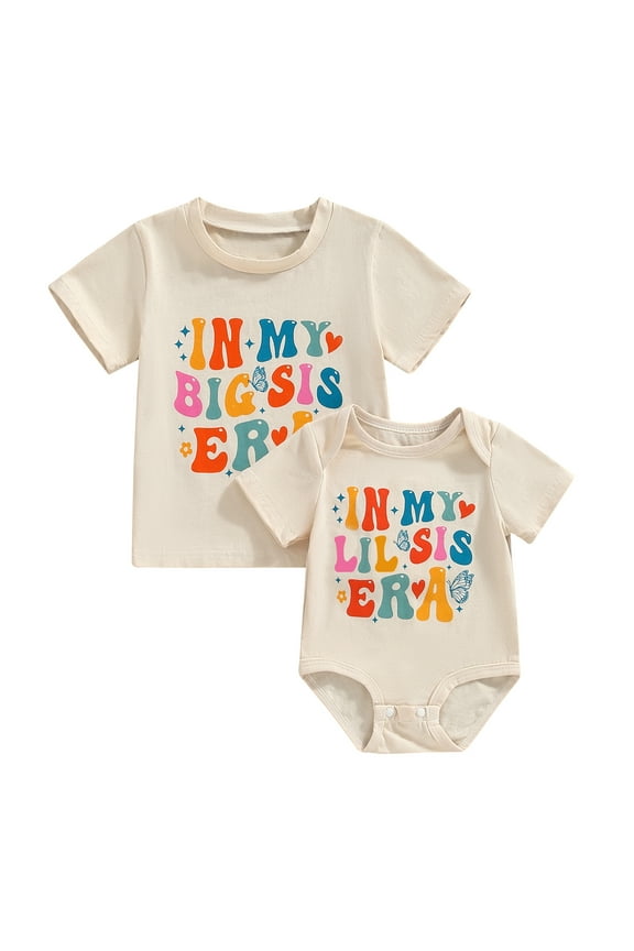 Big Sister Little Sister Matching Outfits 1 2 3 4 5 Years Kids Baby Girl Summer Clothes Letter Print Short Sleeve Romper/T-Shirts