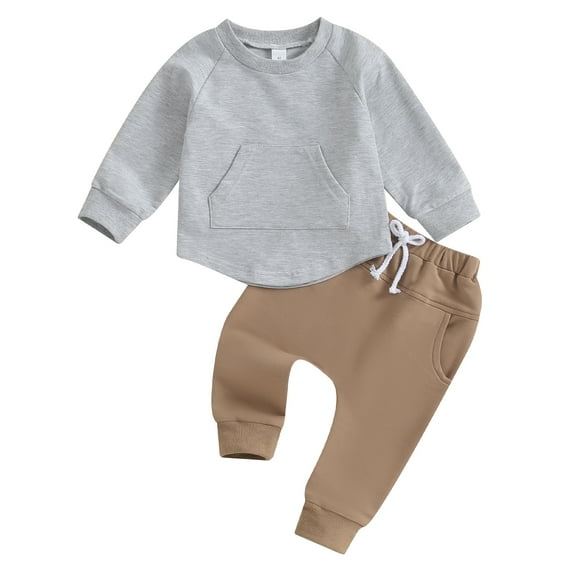 Elippeo Boy Autumn Clothes Long Sleeve Round Neck Pocket Sweatshirt Elastic Waist Pants 6M 12M 18M 24M 3Y 2Pcs Outfit