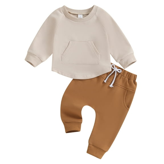 Elippeo Boy Autumn Clothes Long Sleeve Round Neck Pocket Sweatshirt Elastic Waist Pants 6M 12M 18M 24M 3Y 2Pcs Outfit