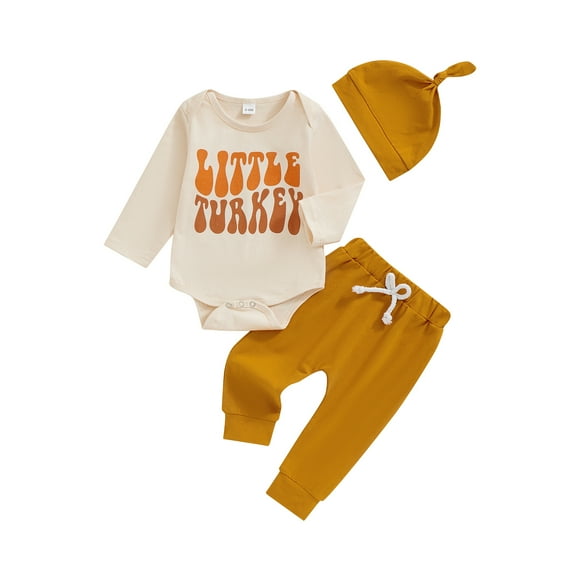 Elippeo Boys 3PCS Thanksgiving Outfit Sets Long Sleeve O Neck Letter Print Romper Drawstring Pants Hat Sets 3 6 9 12 Months