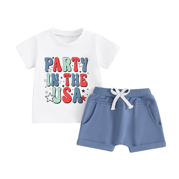 Elippeo Boys 4th of July Shorts Sets 6 12 18 24 Months 3 4 Years Short Sleeve Letter Print Tops Solid Color Drawstring Shorts Sets