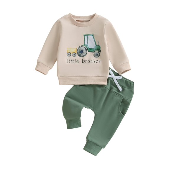 Elippeo Boys Autumn 2PCS Outfit Sets Long Sleeve O Neck Letter Tractor Print Tops Solid Color Pants Sets  6 12 18 24 Months 3 Years