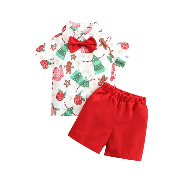 Elippeo Boys Summer Gentleman Outfits 6M 1Y 2Y 3Y 4Y 5Y Santa/ Christmas Tree Print Short Sleeve T-shirt with Bow Tie and Casual Shorts Set