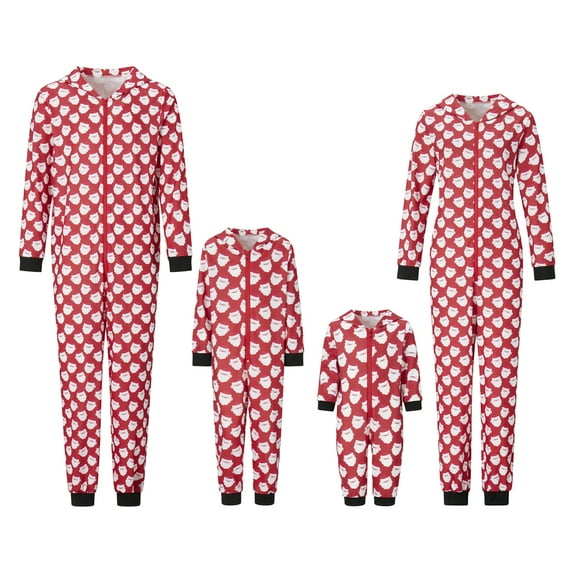 Elippeo Christmas Family Matching Pajamas Long Sleeve Santa Claus Print Hooded Jumpsuit Sleepwear
