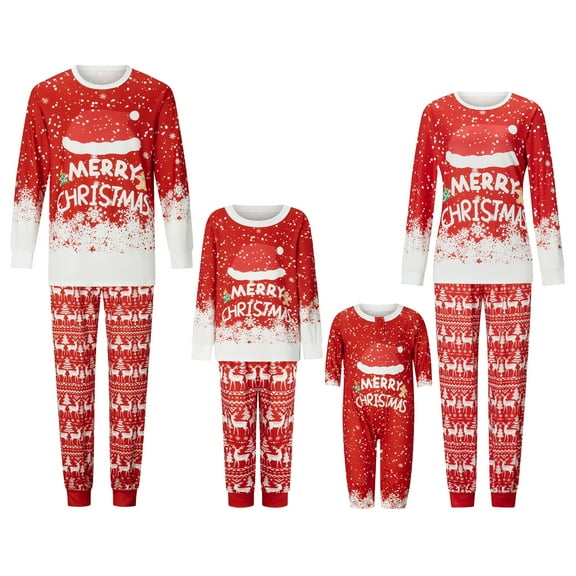 Elippeo Christmas Family Pajamas Matching Set Letter Santa Hat Print Long Sleeve Tops and Elk Print Pants Sleepwear