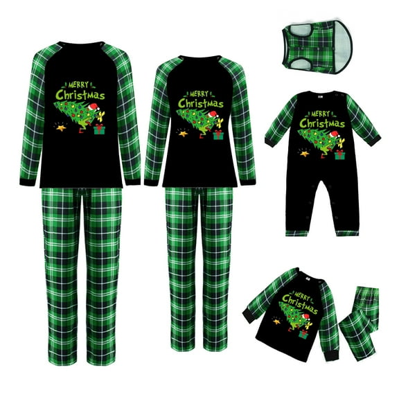Elippeo Christmas Pajamas for Family Funny Elf Stole Tree Print Long Sleeve Tops + Trousers Set Holiday Nightwear
