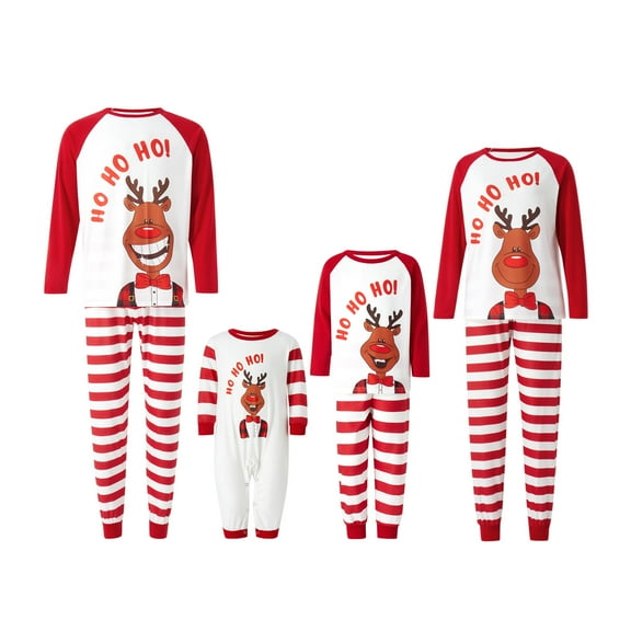 Elippeo Family Christmas Pajamas Matching Set, Cartoon Elk Print Long-Sleeve Tops with Striped Pants Sleepwear for Adult, Kid, Baby