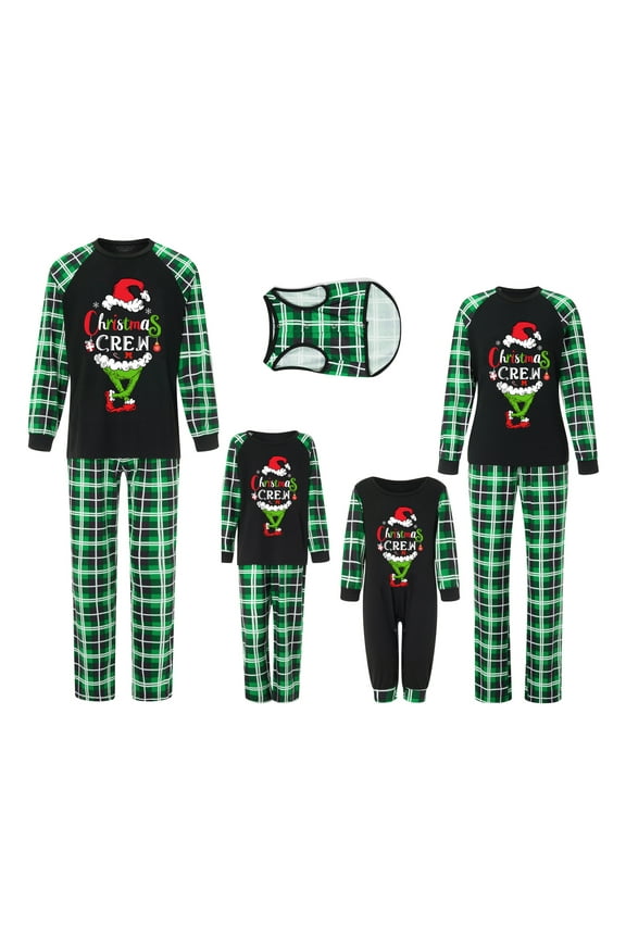 Family Matching Christmas Pajamas, Baby Romper/Dog Clothes/Letter Print Long Sleeve Tops and Plaid Pants Sleepwear Set