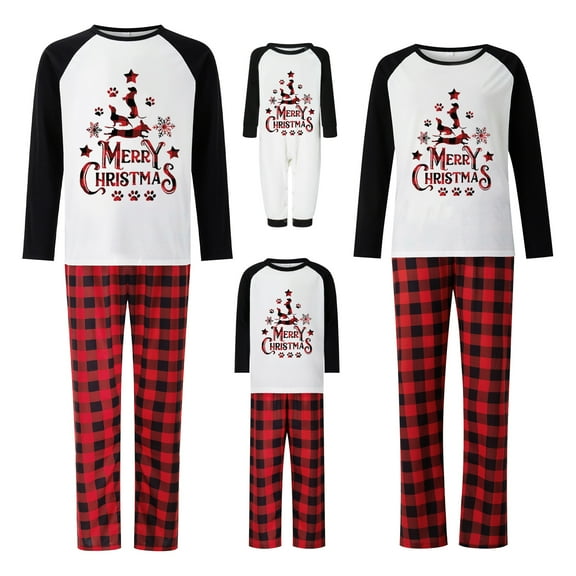 Elippeo Family Matching Christmas Pajamas, ClawLetter Print Long-Sleeved Tops + Plaid Pattern Trousers Sleepwear Outfits
