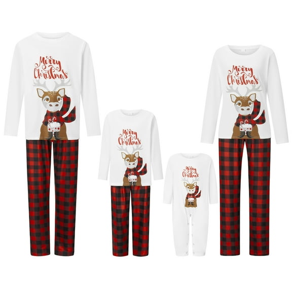 Elippeo Family Pajamas Matching Set Christmas Elk Print Long Sleeve Tops and Elastic Plaid Pants Loungewear Soft Sleepwear