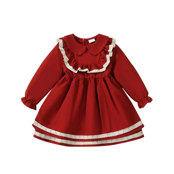 Elippeo Girls Christmas Dress 3Y 4Y 5Y 6Y 7Y Kids Lace Trim Long Sleeve Pan Collar Mini Dress Cute Round Neck Ruched Dress