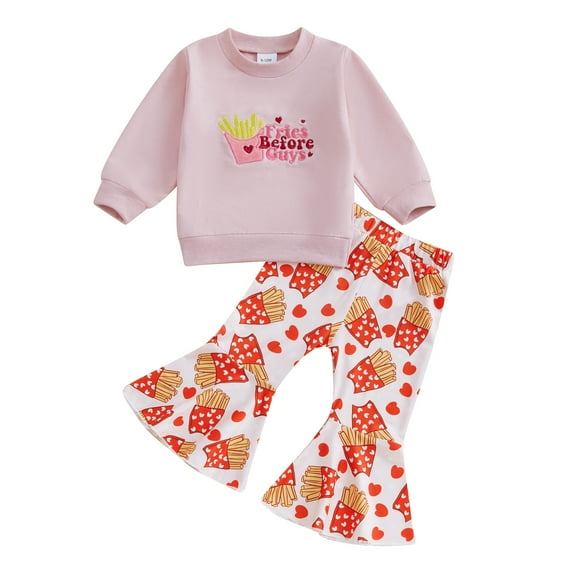 Elippeo Girls Fall Sets Fries Letter Embroidered Long Sleeve Sweatshirt Long Flare Pants Valentine's Day Outfits 6 12 18 24 Months 3 4 Years