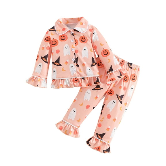 Elippeo Girls Halloween Ruffled Pajama Sets 12 18 24 Months 3 4 5 6 Years Lapel Neck Button-up Tops Long Pant Pumpkin Ghost Print Loungewear Set