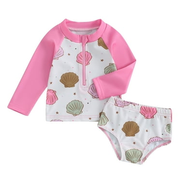 Elippeo Girls' Rash Guard Set 0-5 Years 2 Piece Swimsuit Set, Quick Dry Rash Guard, Fish/Shell Print Zipper Long Sleeve Tops Bottoms Bathing Suit