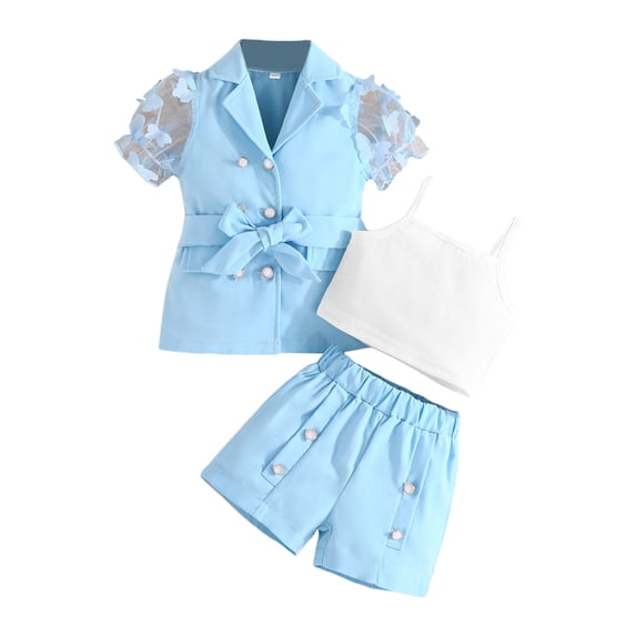 Elippeo Girls Summer 3PCS Shorts Sets 3 4 5 6 7 8 Years Mesh Sleeve Blazer Tops White Camisole Casual Shorts Sets