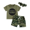 thumbnail image 1 of Elippeo Girls Summer 3PCS Shorts Sets 3 6 12 18 24 Months 3 4 5 Years Short Sleeve Letter Print Tops Camouflage Shorts Headband Sets, 1 of 7